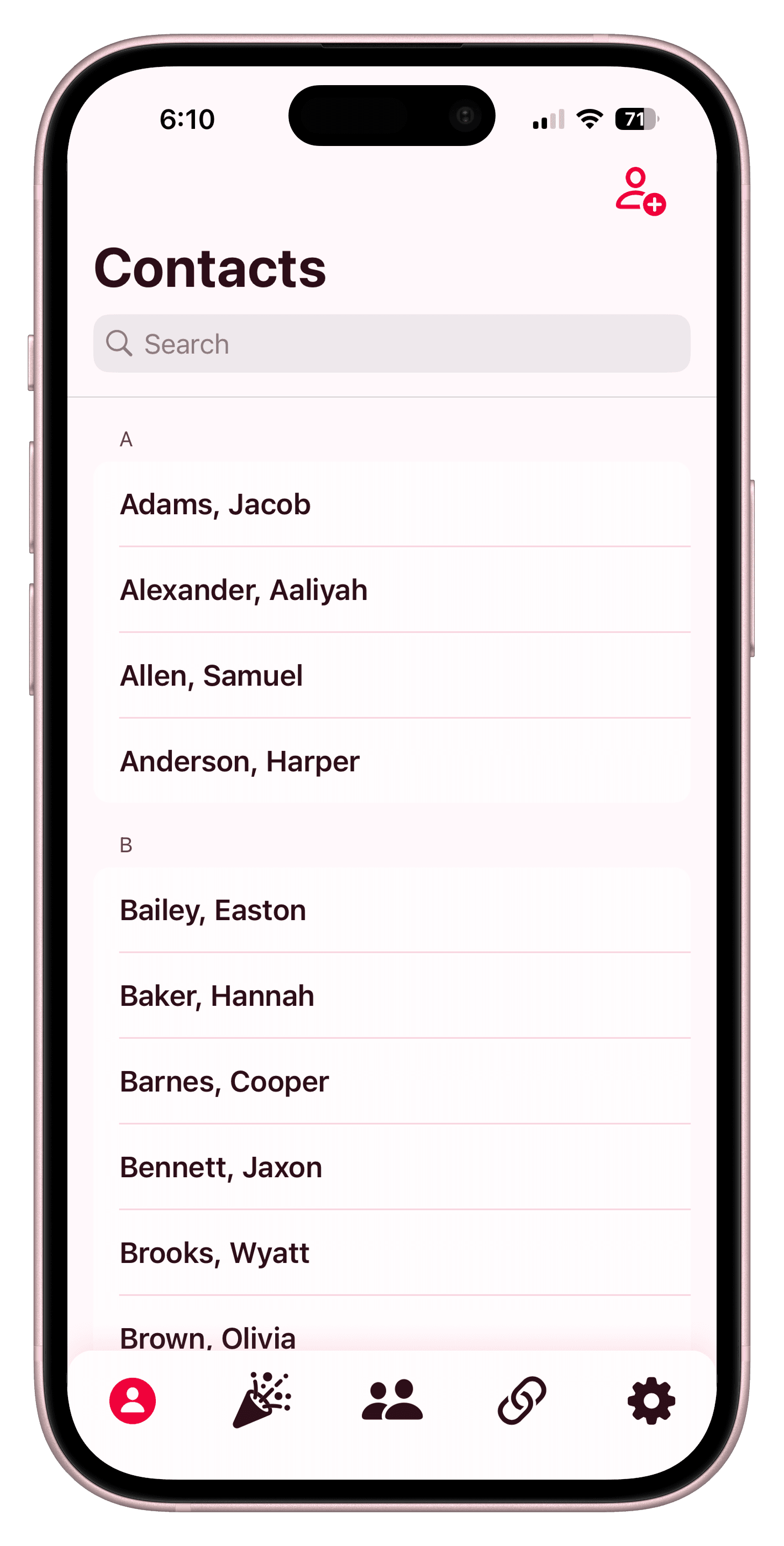 Contact List View - Clean, organized list showing all your contacts with quick-glance info like upcoming birthdays and favorite things
